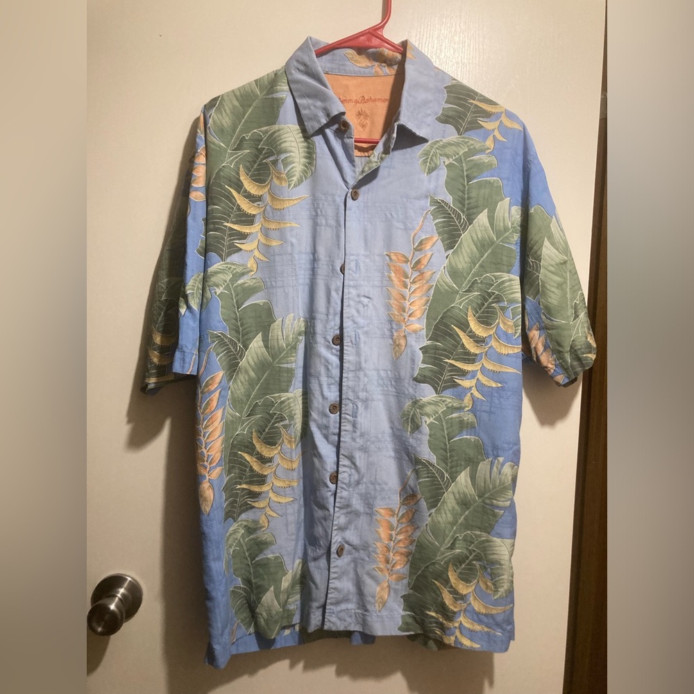 Tommy Bahama 100% silk Blue Shirt with Green and Yellow Leaf Pattern